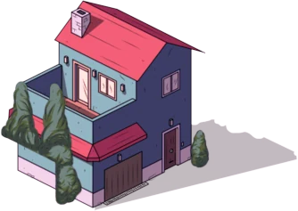 Kuro's house: blue, with a red roof and a balcony